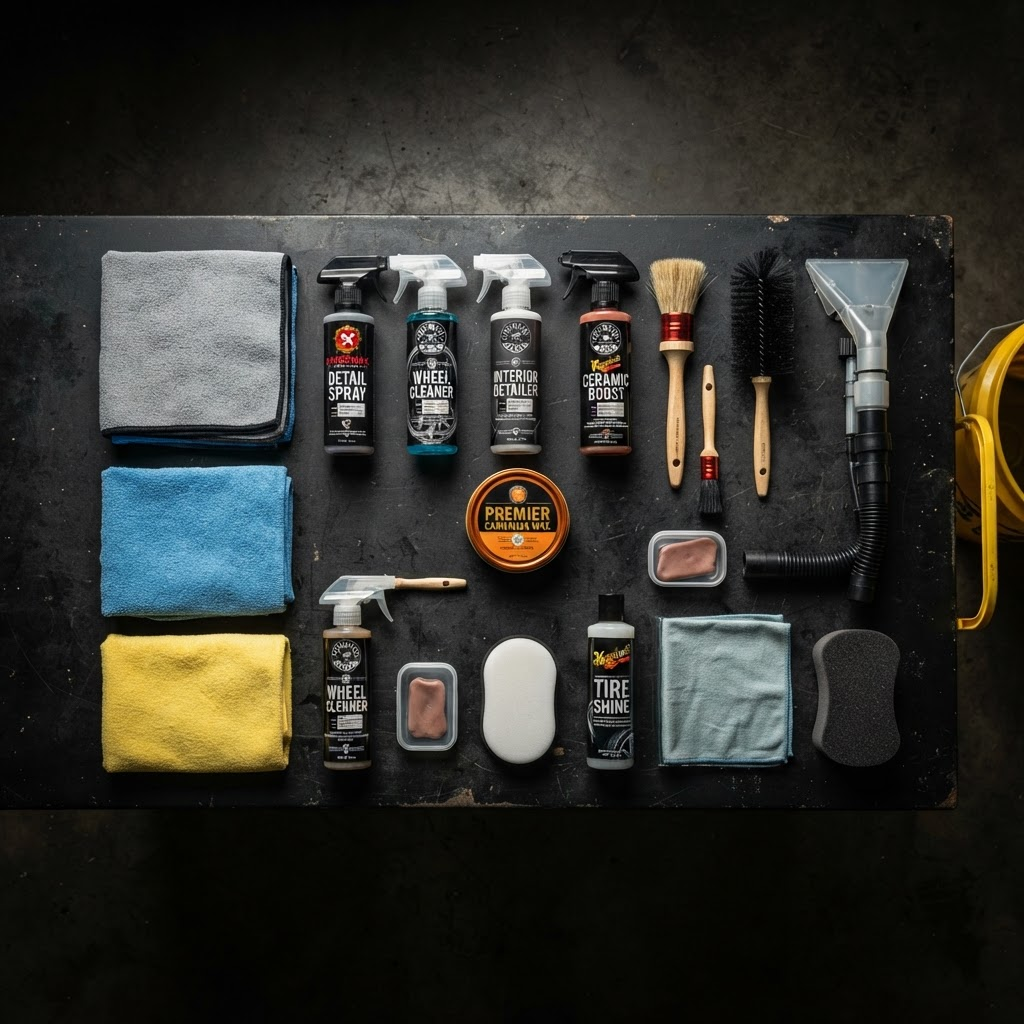 Professional detailing supplies including microfiber towels, brushes, spray bottles and a yellow bucket