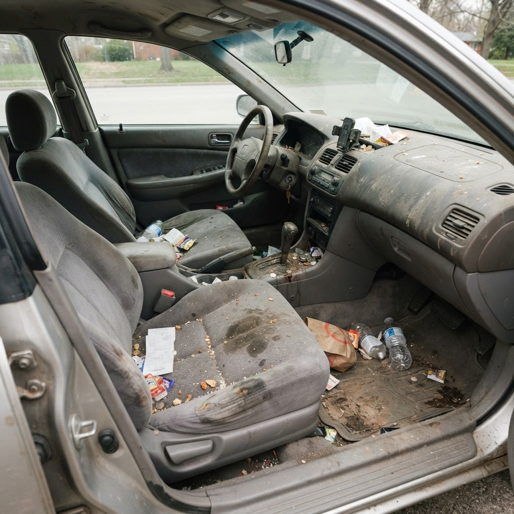 Car interior before detailing, with stained seats, crumbs and a dusty dashboard