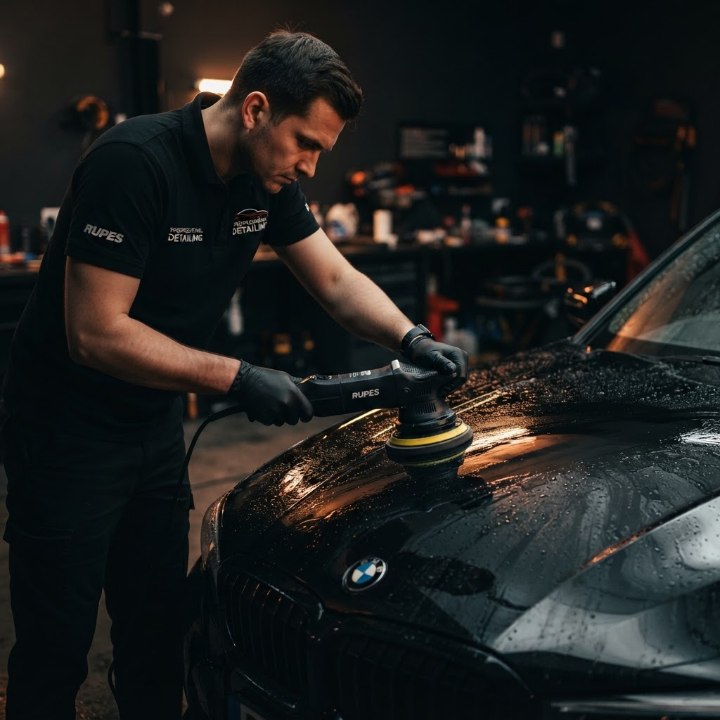 Professional detailer polishing the glossy hood of a car in a dark garage
