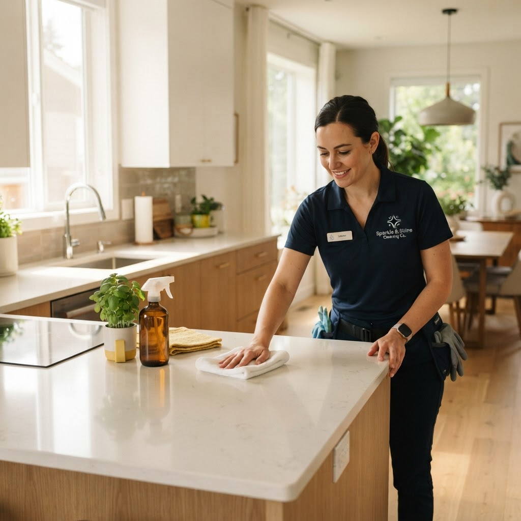 Cleaner wiping down a spotless modern kitchen counter