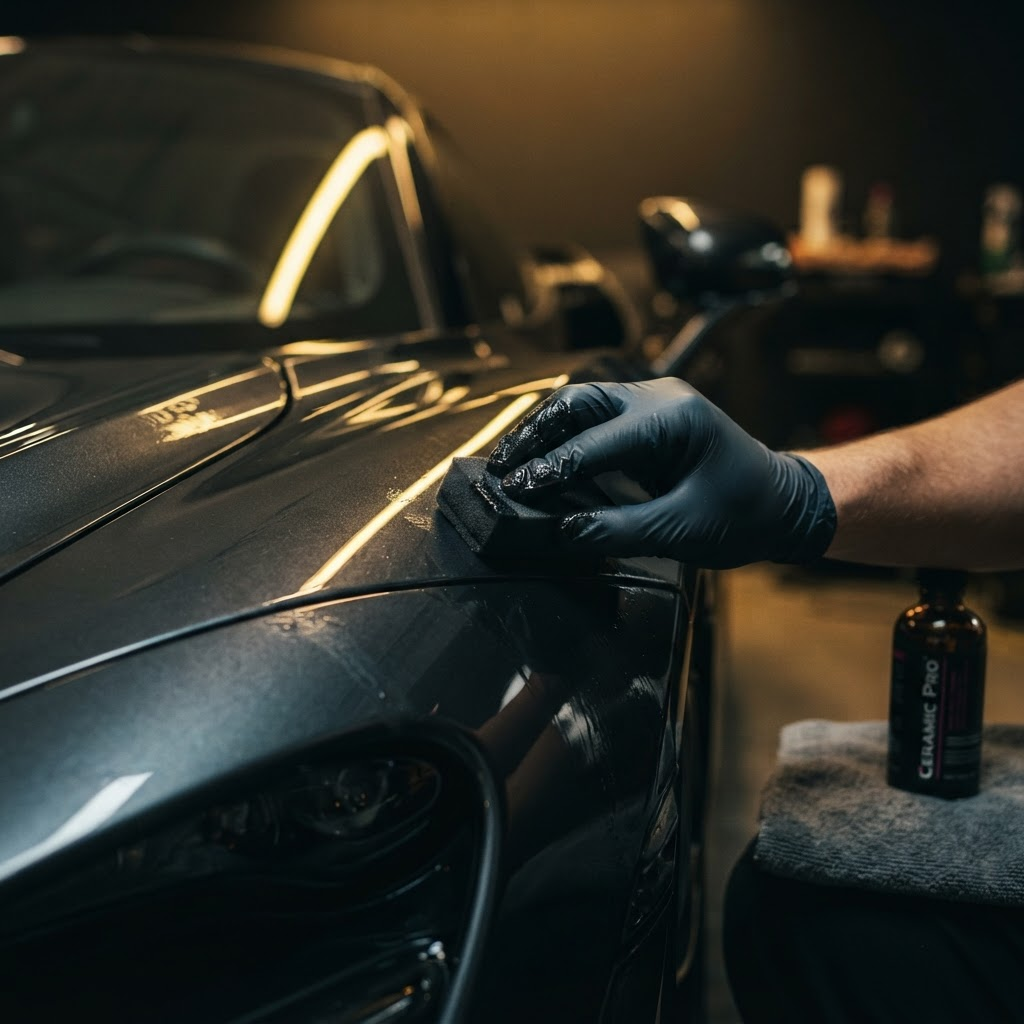 Detailer applying ceramic coating to a glossy luxury car panel